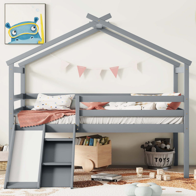 Lit mezzanine bas gris avec glissade, échelle, barrières de sécurité et structure de toit Gray Watsons, Gris