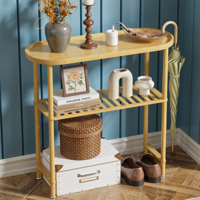 Small Entryway Table Bamboo 30.7", Narrow Hallway Table Oval Top 2-Tier, Slim Console Table With Anti-Fall Edge,Small TV Stand For Bedroom
