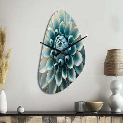 Anees Blue,White Dahlia Flowers I - Dahlia Asymmetrical Metal Wall Clock, Blue Unique Shape Metal Clock Print