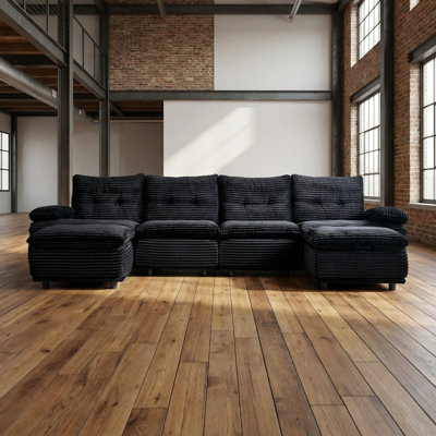 140.94" U-Shaped Modern Sofa Modular Sectional Couch with 2 Ottomans, 6-Seat Corduroy Upholstery, Deep Seat Comfort, Black