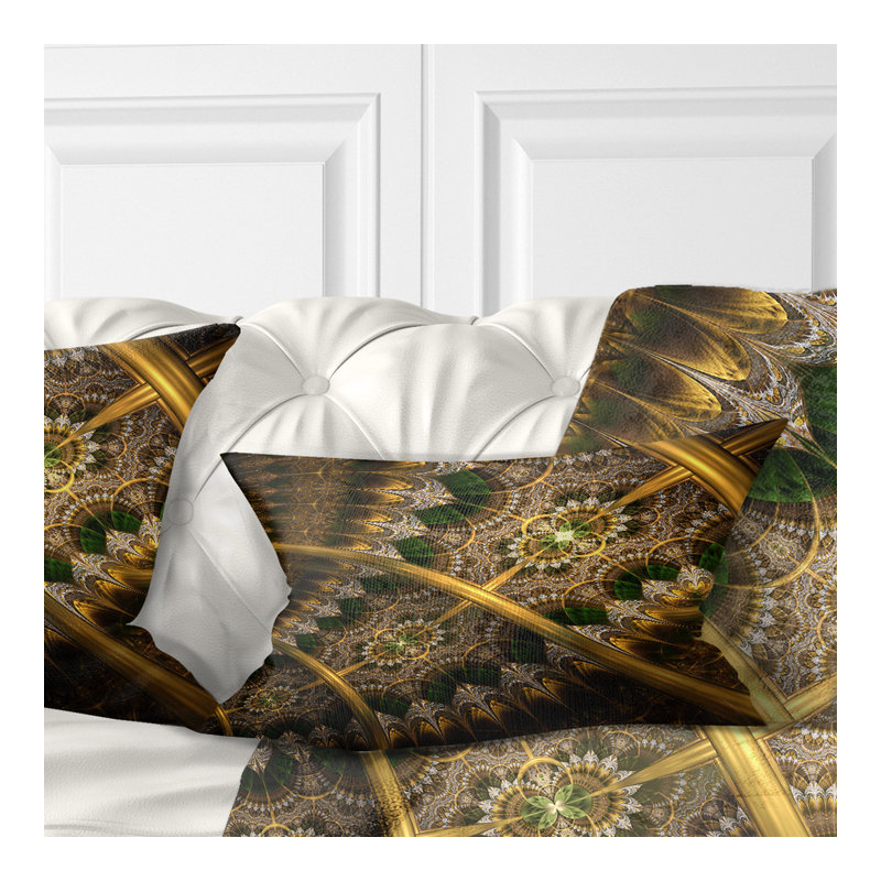 Dark Green Gold Fractal Flower - Abstract Printed Pillow