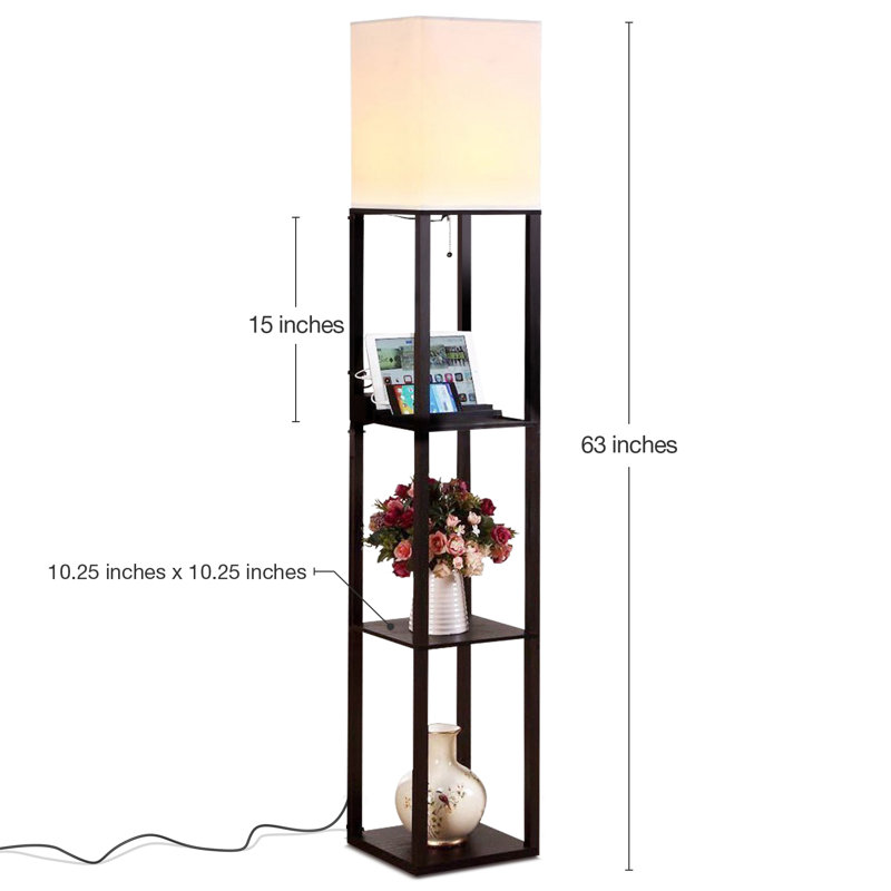 Maxwell 63 in. 3-Shelf USB-Charging LED Floor Lamp with Fabric Square Shade, Black, Beige