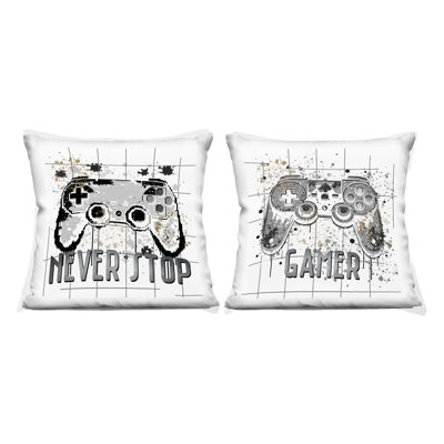 Gamer Words with Modern Pixels 2 Piece Decorative Printed Throw Pillow Set, design by Kim Allen