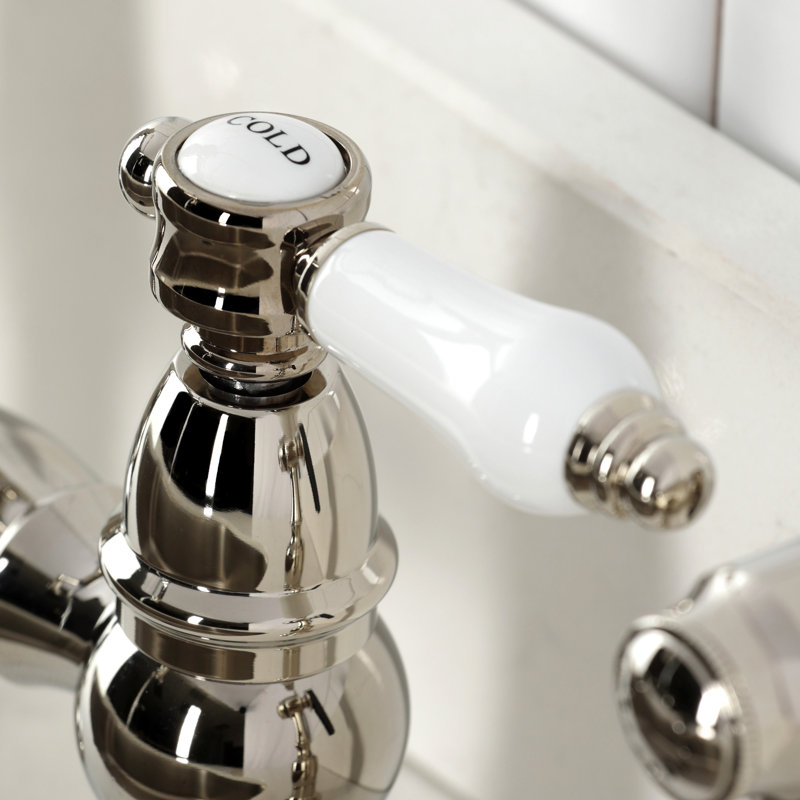 Kingston Brass Bel-Air Two-Handle 4-Hole Deck Mount Bridge Kitchen Faucet With Brass Side Sprayer, Polished Nickel