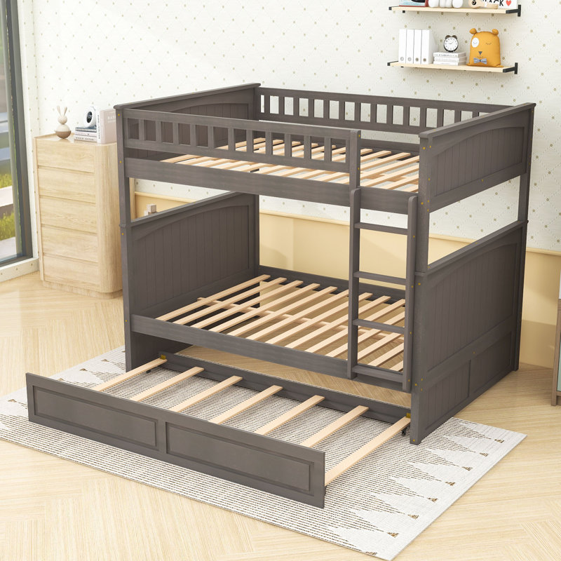 Élégant lit superposé double au-dessus d'un lit double avec gigogne simple et caractéristiques de convertibilité, Gris brossé