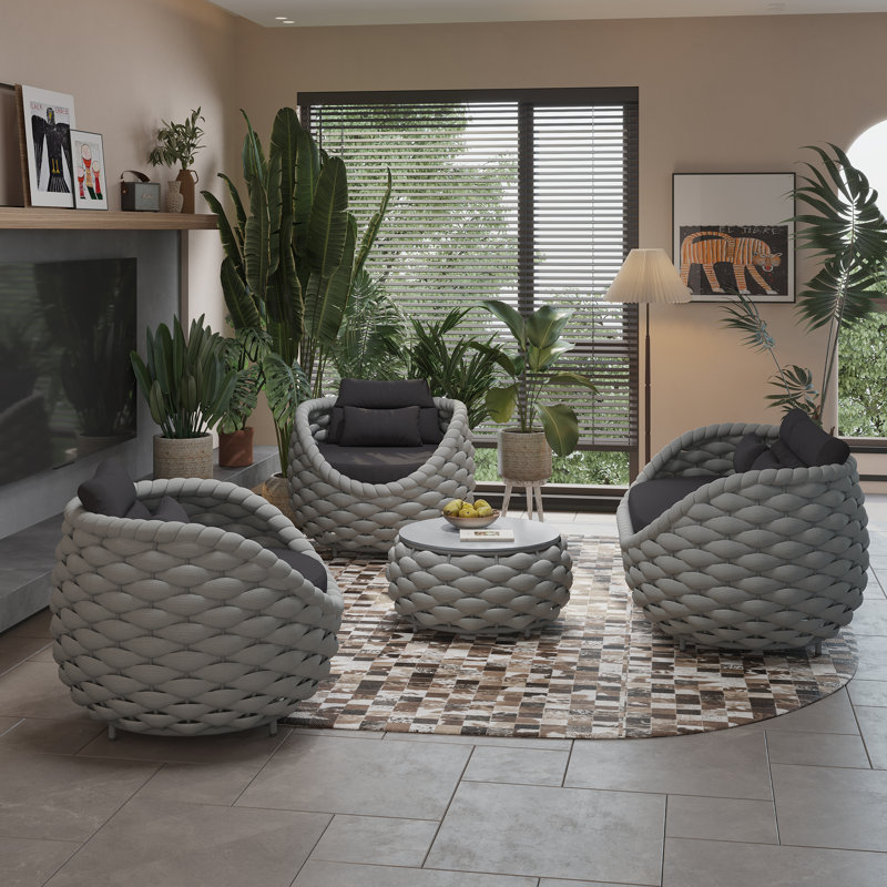  Fully Assembled Altuminum Frame 4 Person Polyester Rope Seating Group with Cushions Living Room Set, Gray