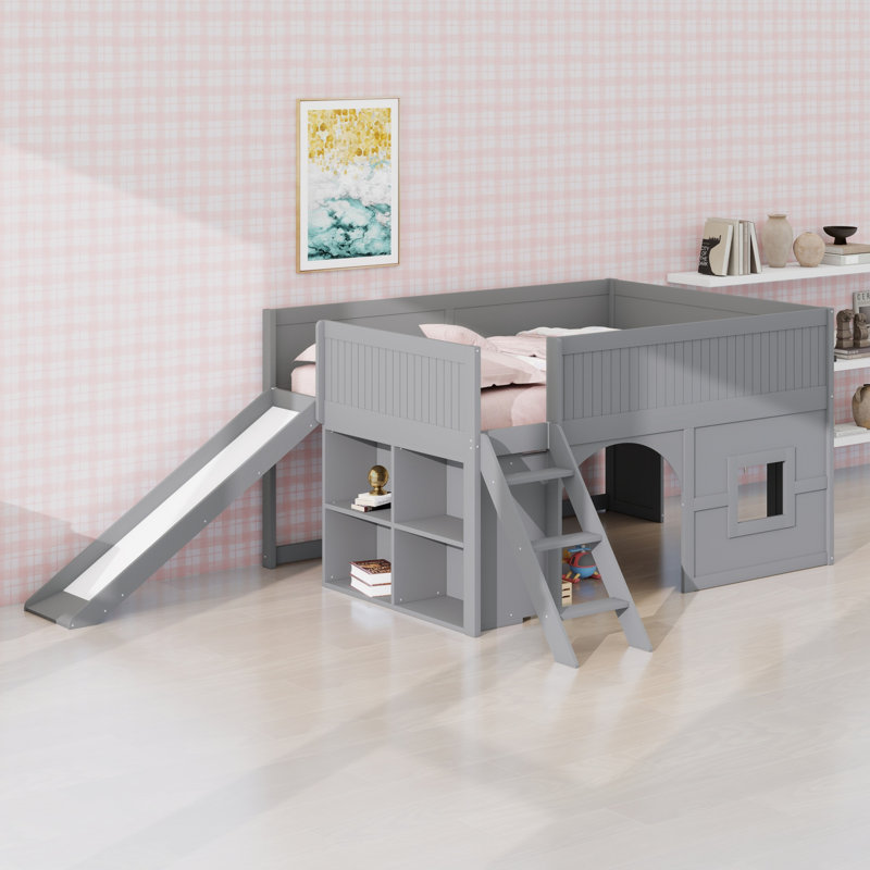 Wooden Low Loft Bed With Storage Shelves And Slide,Door And Window Design, Gray