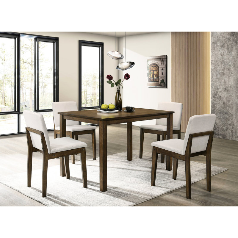 Ensemble de salle à manger 5 pièces au fini noyer foncé avec chaises en tissu beige, table en placage de bois d'hévéa pour les maisons modernes et traditionnelles