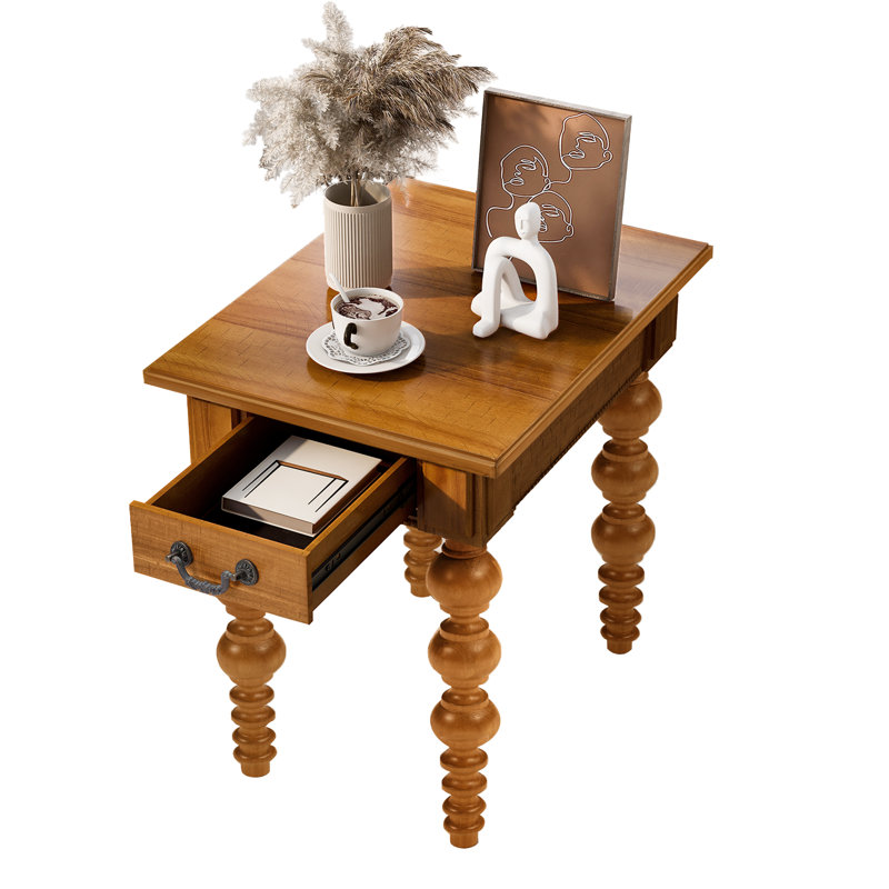 Table de bout Calvera Vintage Natural Brown avec tiroir de rangement, Naturel