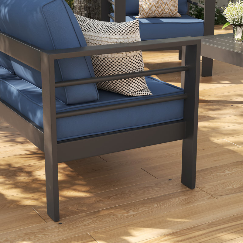 2-Person Outdoor Sofa with Cushions, Grayish-Black Frame / Blue Cushion