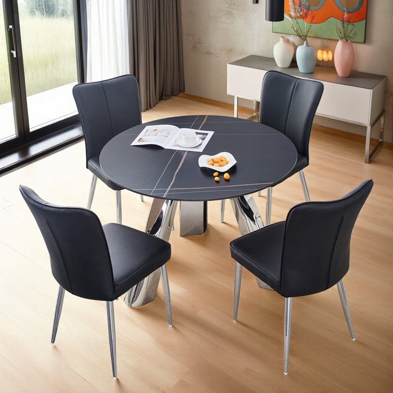 Ensemble de table de salle à manger 42 po avec 4 chaises en polyuréthane de luxe moderne, résistant aux taches, capacité de 350 lb (noir)