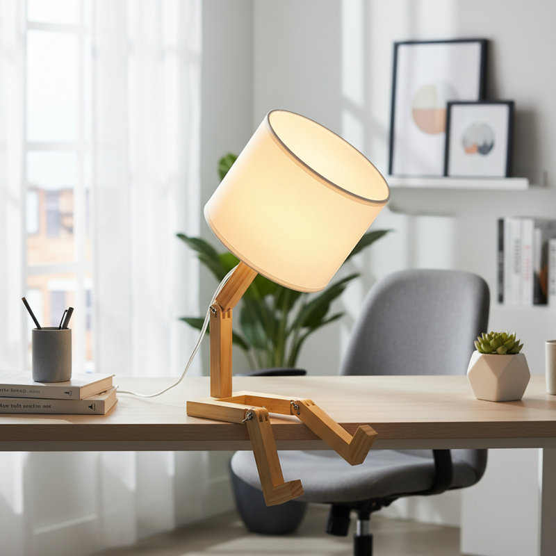 Man-shaped Adjustable Wooden Table Lamp With Fabric Shade And Book Rack – Modern Novelty Night Light, White
