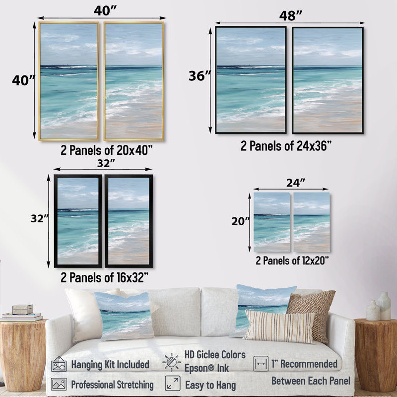 «Blue and White Coastal Beach Wonder», art encadré sur la plage, décoration murale bord de mer blanc 2 pièces, Cadre flottant