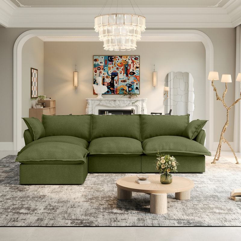 Rinnes 111'' Upholstered Sofa, Modular Sectional Sofa Cloud Sofa with Ottoman 4 Seat Down Fill Cushions Soft Couches for Living Room, Linen Blend