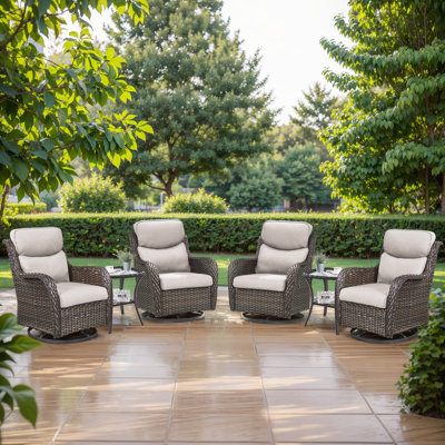 Simle 6-Piece Outdoor Seating Group PE Wicker Swivel Glider Chair With Cushions And Side Table
