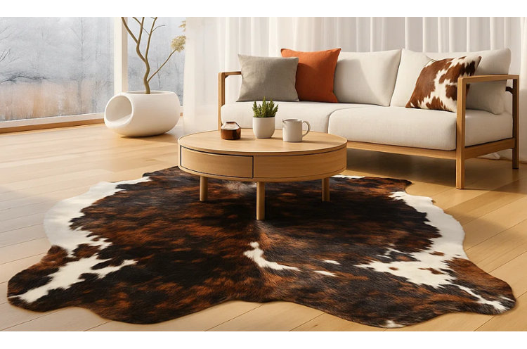 brown and white cowhide rug in modern living room with round wood coffee table and neutral sofa
