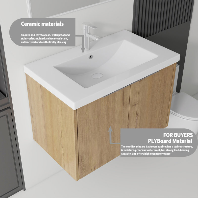 Meuble-lavabo flottant 36 po avec lavabo, porte à fermeture en douceur, évier en céramique, contreplaqué, chêne, Chêne clair
