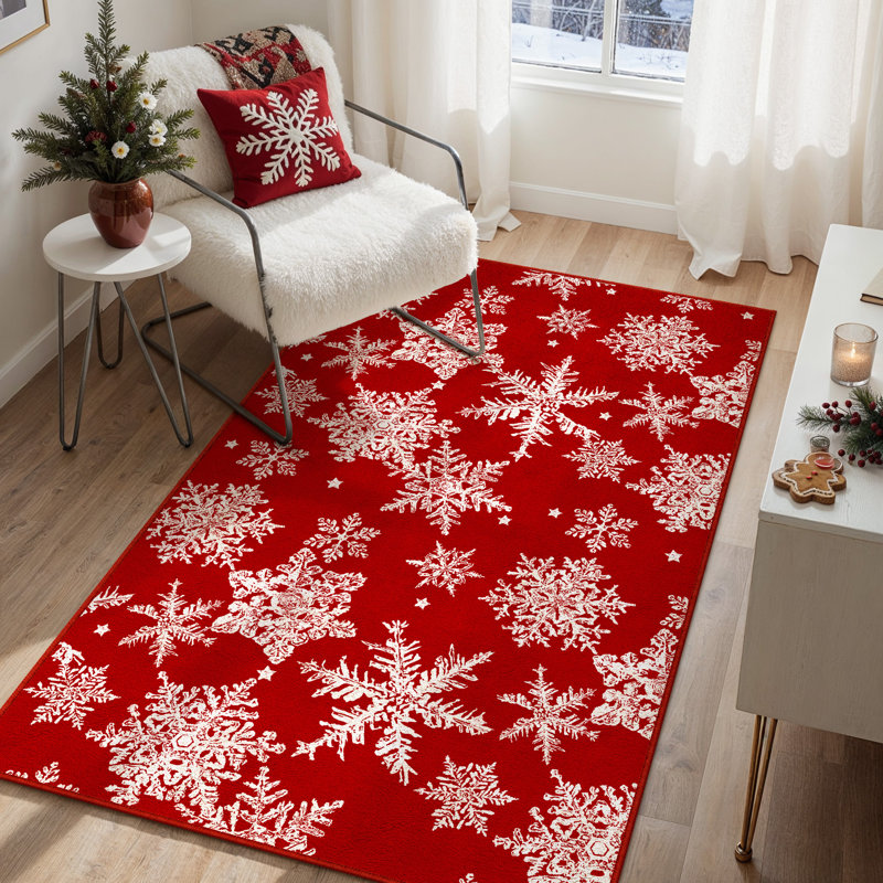 Tapis de Noël lavable Chamora avec motif classique rouge et flocon de neige, Rectangle 4pi x 6 pi