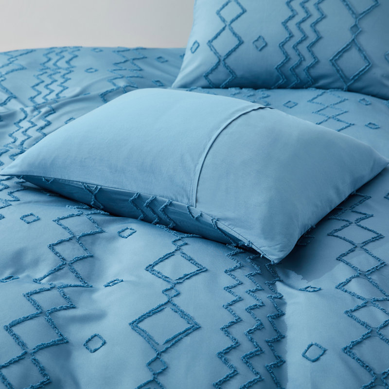 Diamond Navy Blue Embroidered Queen Duvet Cover Set