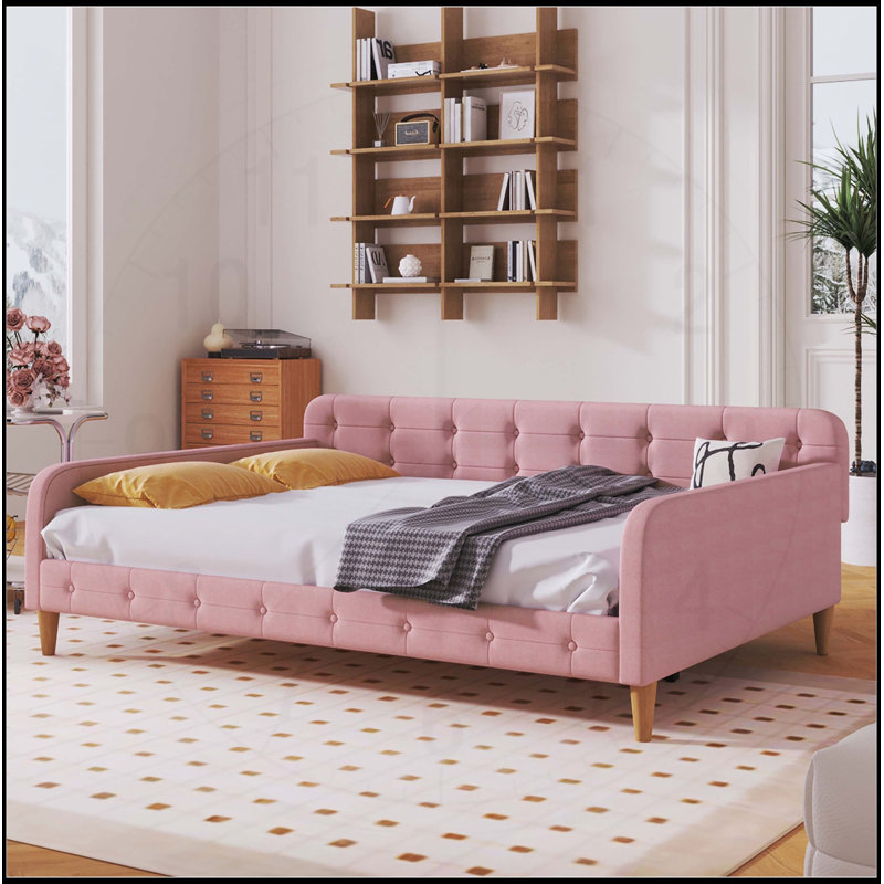 Velvet Upholstered Daybed with 4 Support Legs, Perfect for Modern and Versatile Use, Full/Double, Pink