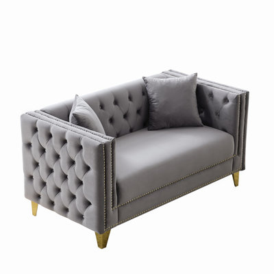 58"Chesterfield Velvet Sofa,2 Seater Deep Seat Sofa,Modern Sofa With Button Nailhead,Square Arm Couches,Furniture For Living Room,Bedroom,Office(Grey)