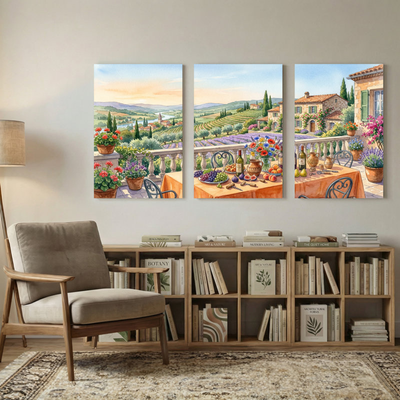Paysage et nature Paysage méditerranéen avec table et fleurs, H 18 po x l 36 po