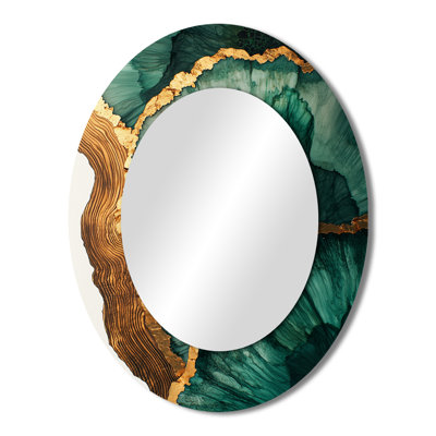 Emerald Leaves Wood Slide III - Modern Oval Wall Mirror
