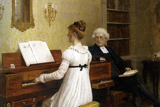 "la leçon de piano" par edward blair leighton, impression non encadrée, H 28 po x l 42 po x P 1,5 po