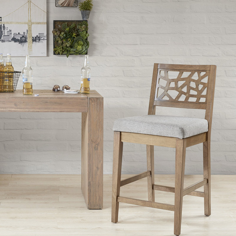 Tabouret de comptoir gris avec structure en bois massif et siège rembourré au fini chêne, assemblage requis, gris, requis