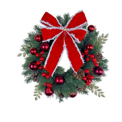 Couronne de Noël artificielle de 45 cm (17,7 pouces) pour porte d'entrée, ornée d'un nœud en velours rouge et blanc, de boules de Noël rouges, de baies et de pommes de pin. Décoration hivernale pour mur, fenêtre ou porche.