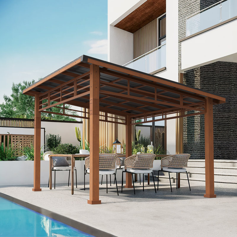 Pavillon de jardin en bois massif 12 pi x 10 pi, Arcadia, toit en acier incliné résistant, avec rideau, cadre en cèdre, pavillon de barbecue