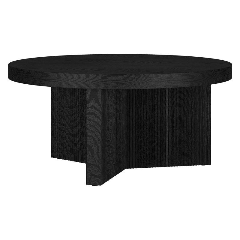 32" Wide Round Coffee Table with Fluted Base — Black Grain Scandinavian MDF Center Table for Living Room | Holm, Black Grain