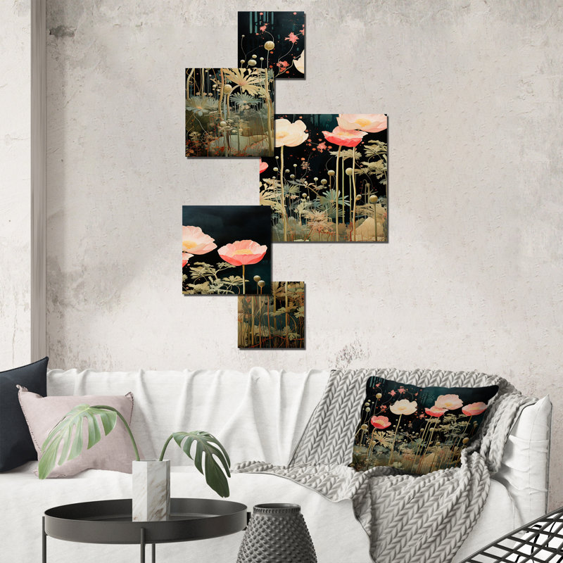 Enigma, fleurs roses et vertes de jardin 2 - ensemble d'art mural carré tachisme 5