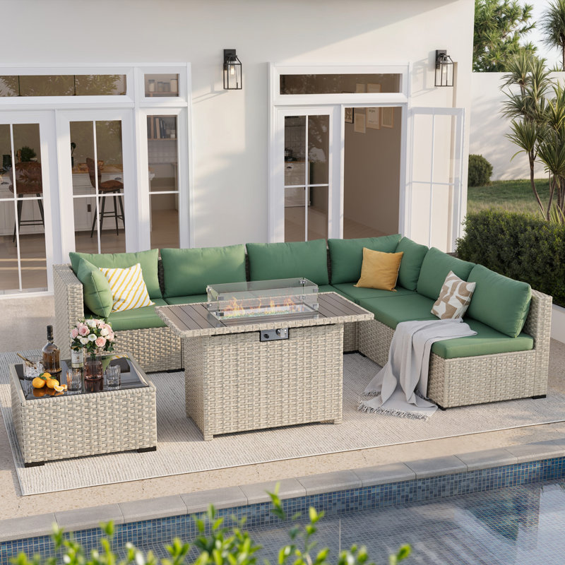 8-Piece Patio Conversation Set With Fire Pit Table, Coffee Table, And Cushions, Green