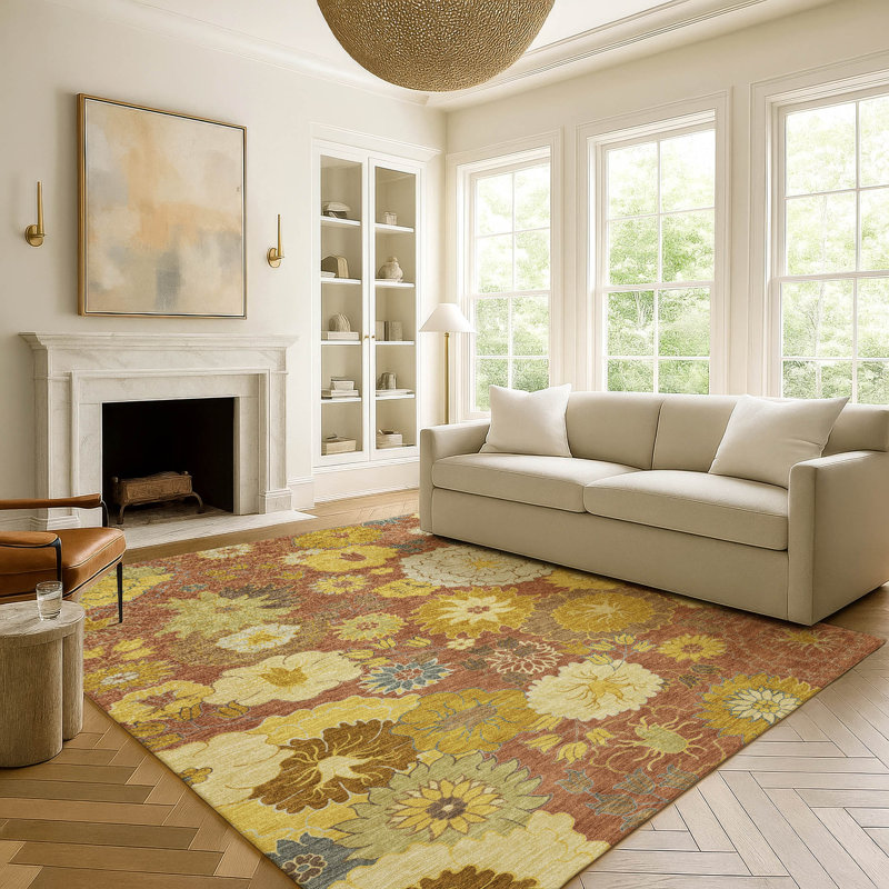 Premium Machine Washable Mayfield AMF2294 Floral Rug, Terracotta, 5' x 7'6"