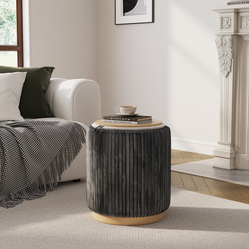 Repose-pieds rond avec repose-pieds en velours plissé avec rangement caché pour le salon et la chambre à coucher, Gris