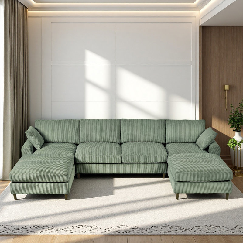 Canapé modulaire moderne en velours côtelé, ensemble de canapé en L convertible en forme de U avec coussin, canapé modulaire surdimensionné avec repose-pieds, convient au salon, au grenier, à un appartement, à 6 sièges vert olive