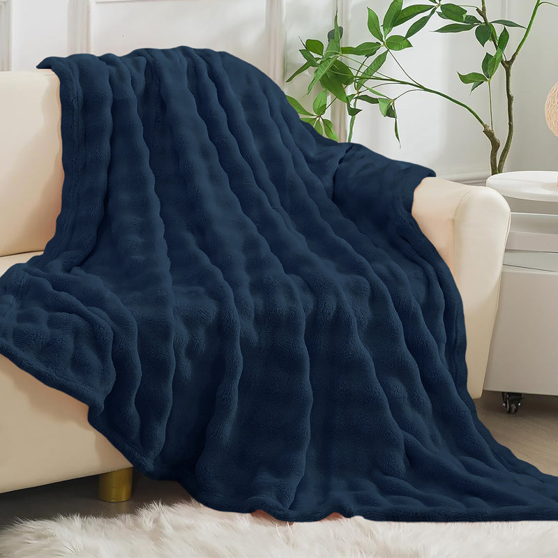 Jeté de lit en molleton doux et moelleux, Bleu marine, L 80 po x L 94 po