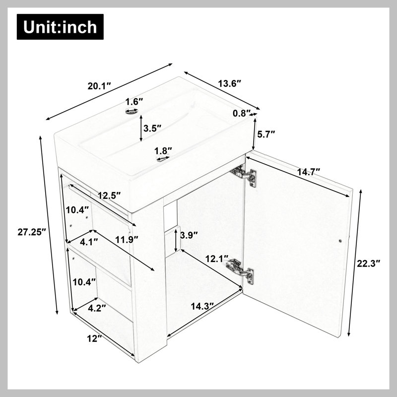 Meuble-lavabo de 20 po avec lavabo en céramique, porte à motif de losanges, poignées dorées et tablettes de rangement latérales - petit cabinet moderne avec barre à serviettes, fabrication en panneau de fibres à densité moyenne, assemblage requis