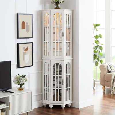 Corner Curio Cabinet With 4 Adjustable Tempered Glass Shelves And Lighting System, Solid Wood Legs,Acrylic Mirrored Back Panel