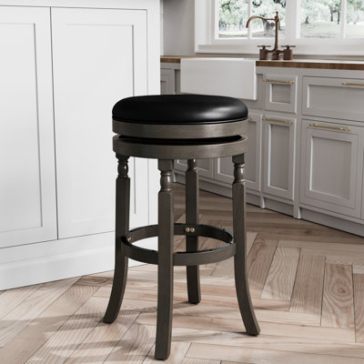 30" Weathered Gray Bar Stool, Black Leather Seat, 360 Rotation Chair Build, 17" Seat Diameter, 12" Footrest, Hardwood Stool With Leather, Swiveling ., Strong