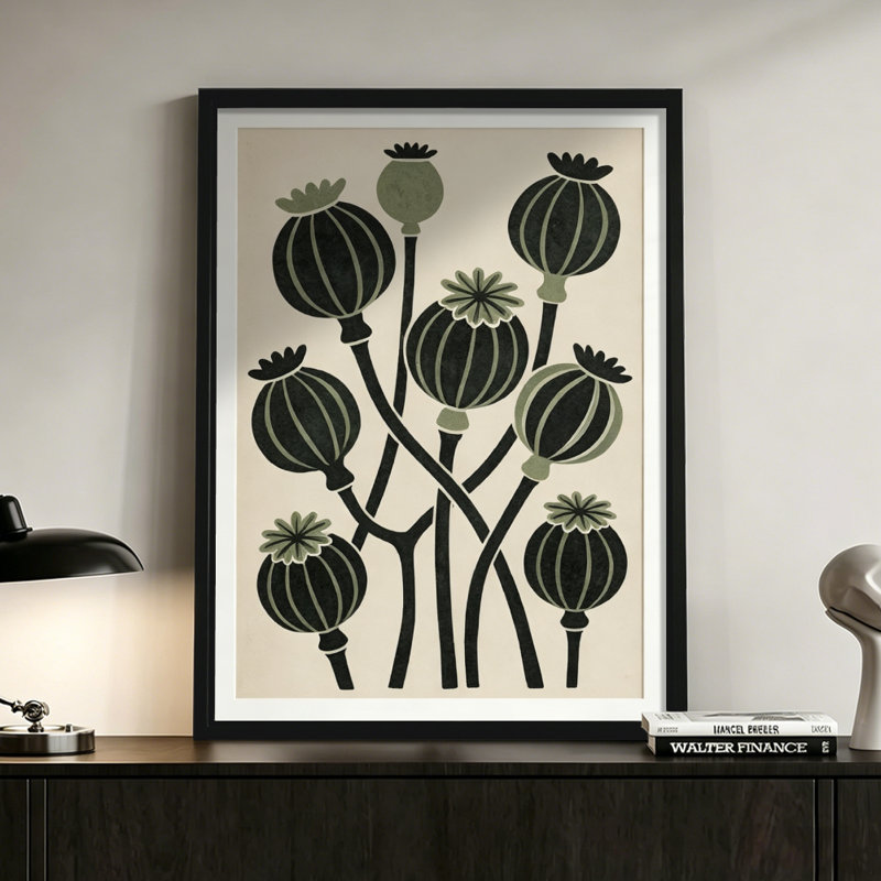 Gousses de graines de pavot abstraites modernes: disposées dans une composition verticale, impression de linogravure stylisée. Toile encadrée 24 "x 36" avec cadre en bois noir