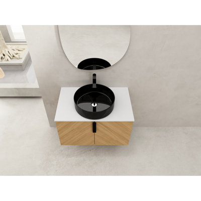 Meuble-lavabo contemporain de 76 cm avec lavabo en céramique artistique, comptoir en pierre artificielle blanche et portes à fermeture amortie.