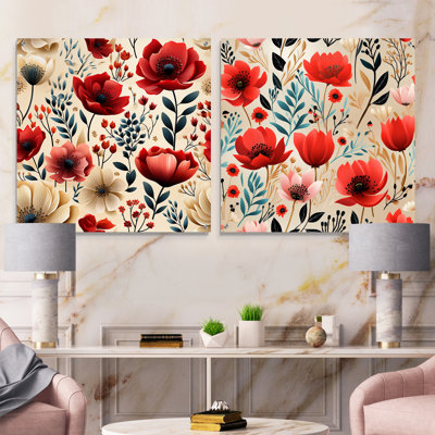 Aquarelle de coquelicots, motif floral rouge et blanc