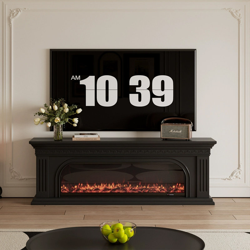 Black Solid  Wood TV Cabinet Fireplace, 27.56" H x 78.74" W x 12.6" D, Black