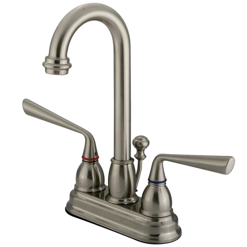 Kingston Brass Silver Sage Two-Handle 3-Hole Deck Mount 4" Centerset Bathroom Faucet with Plastic Pop-Up, Brushed Nickel