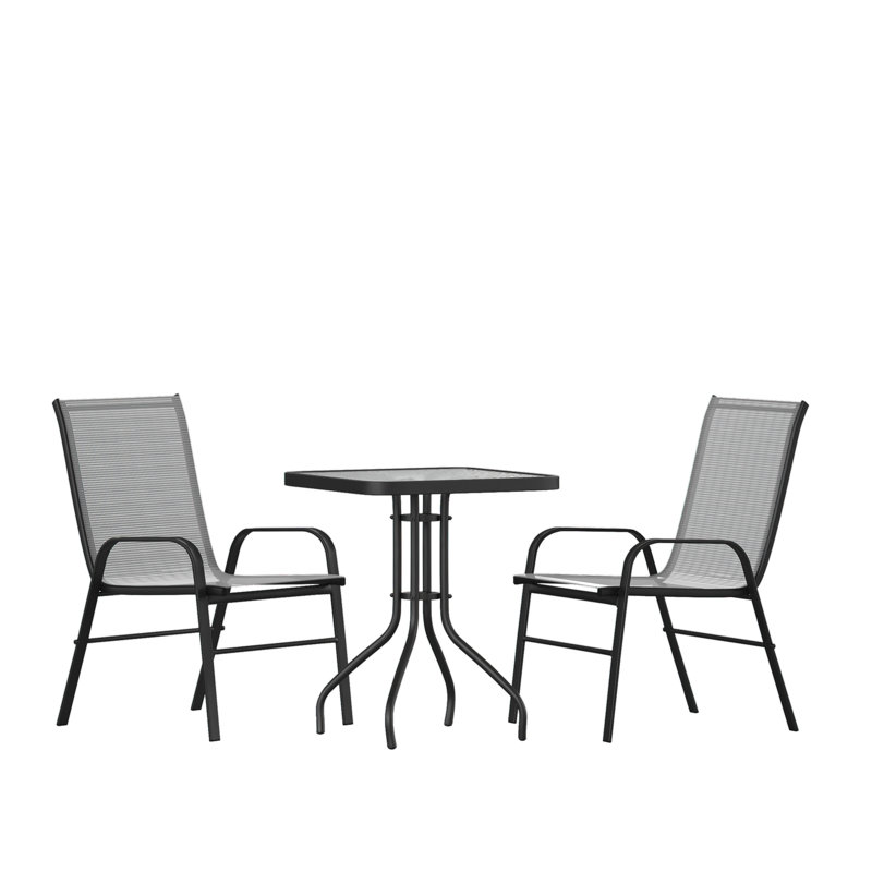 Ensemble de salle à manger de patio 3 pièces Elgin - Table en verre, 2 chaises empilables Flex, Gris