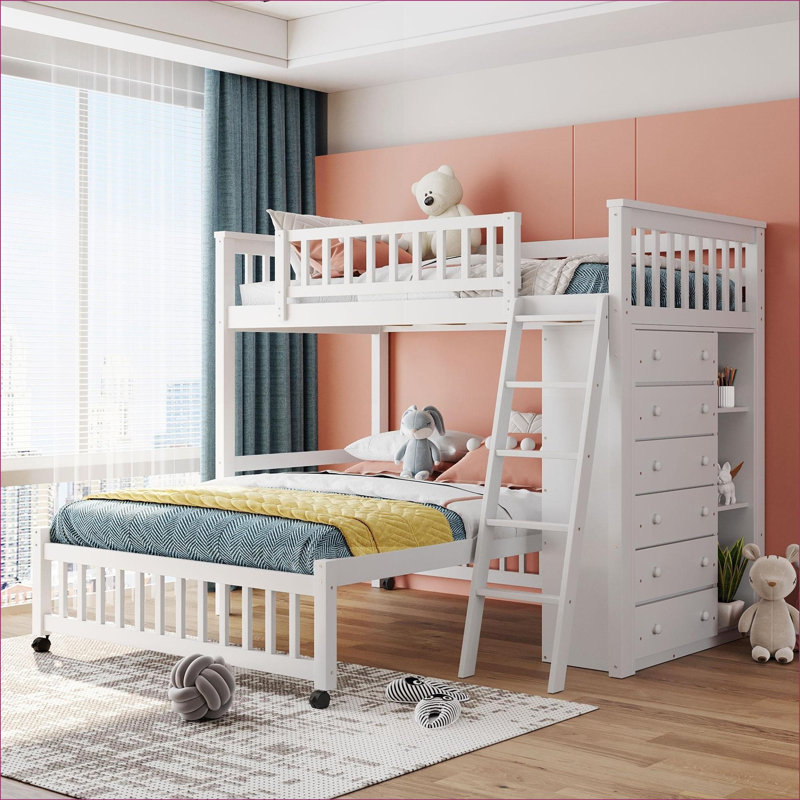 Lit superposé simple au-dessus d'un lit double en bois avec 6 tiroirs, fond à roulettes amovible, aucun sommier blanc requis pour la chambre à coucher
