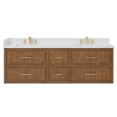 Isola WM 72 Inch Double Wall Mounted Bathroom Vanity in Toasted Walnut, Giotto Quartz Countertop, Undermount Square Sinks (3-Hole), Satin Bronze Trim