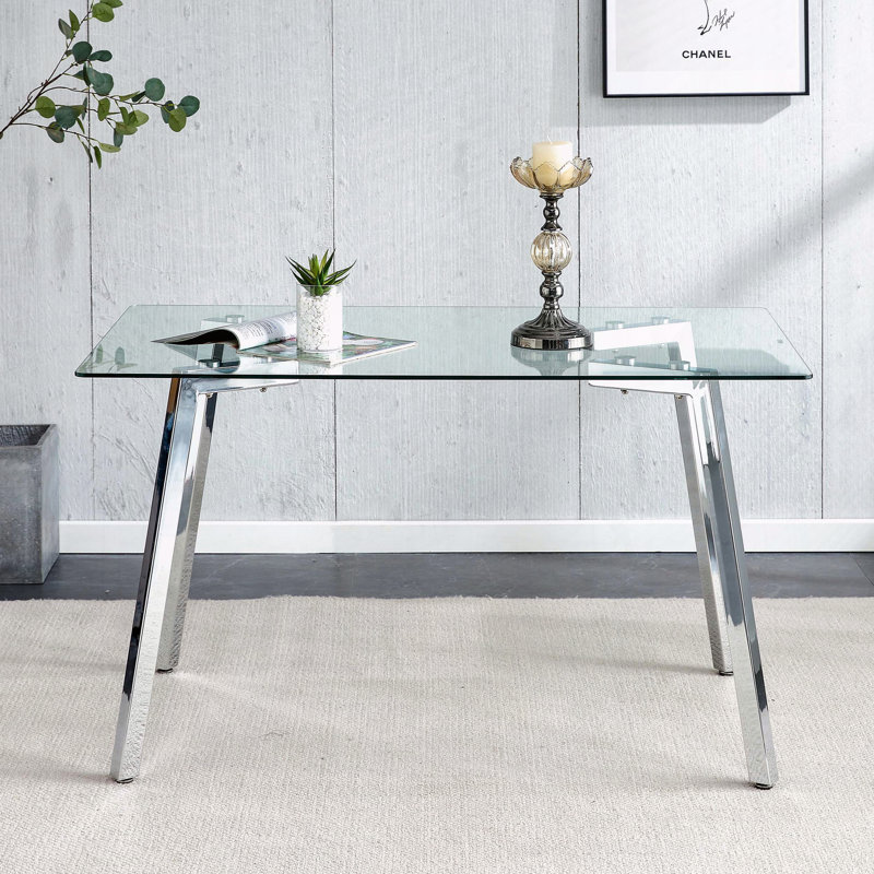 Table à manger 51 "rectangulaire en verre trempé avec pieds en métal plaqué, sièges 4-6